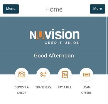 A screenshot of a mobile banking homepage screen with the Nuvision Credit Union logo on a blue background. Greeting text reads